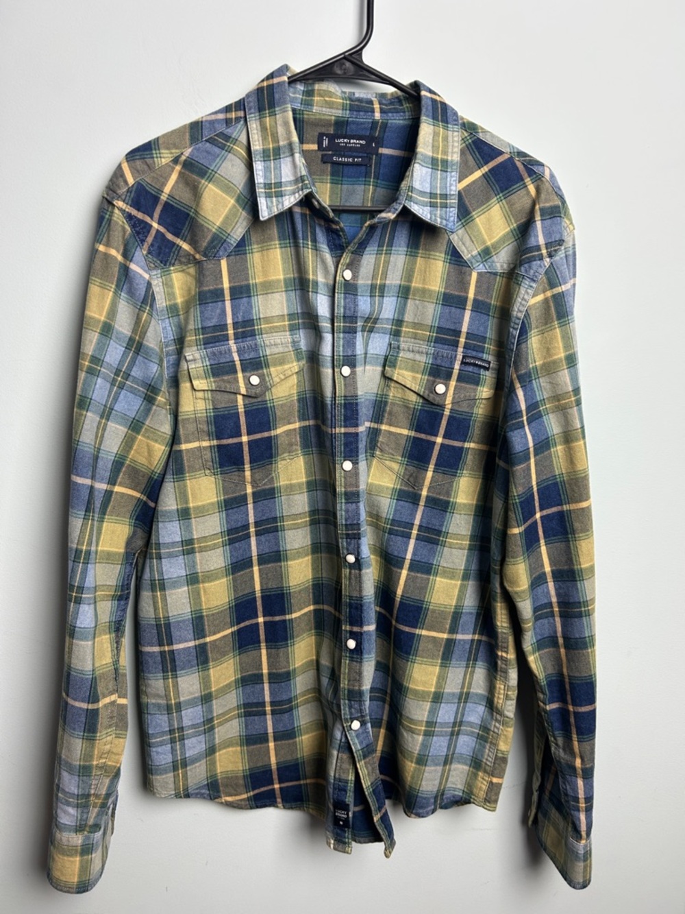 Lucky Brand Western Plaid Button Up Shirt‎ Blue Yellow Casual Style Large